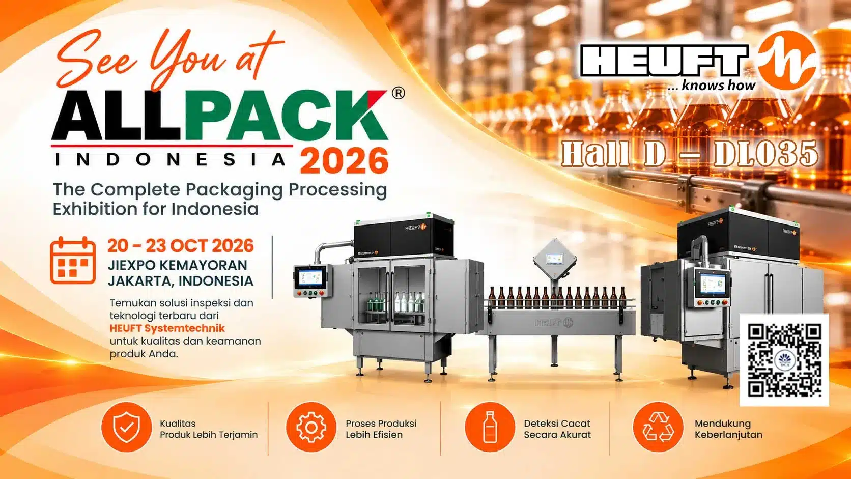 Mesin inspeksi HEUFT yang ditampilkan PT. Ditalia Cahaya Abadi pada ALLPACK Indonesia 2026
